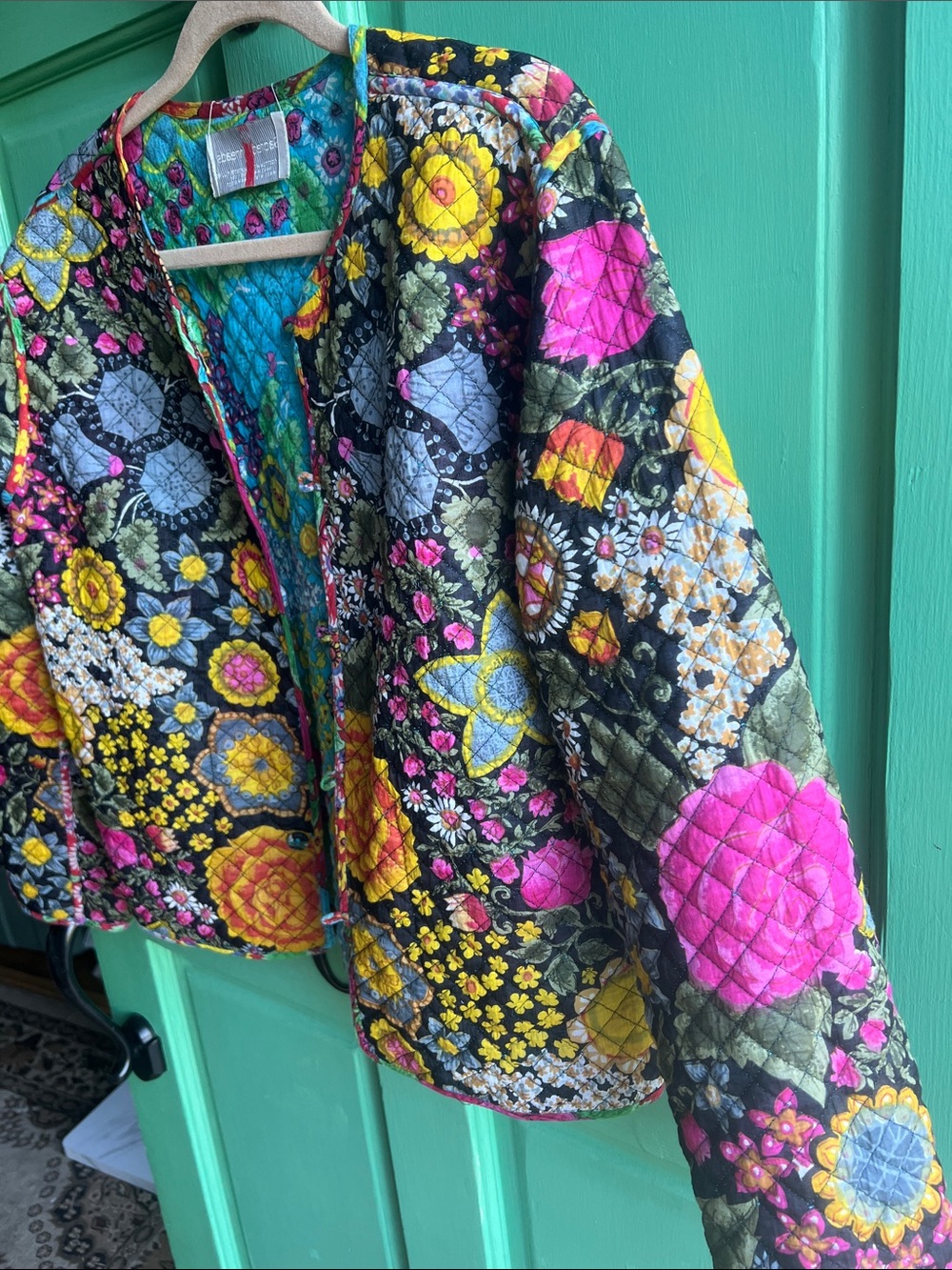 Sacred Threads 100% cotton Floral Teddy Jacket in Teal, Pink &  black - Medium